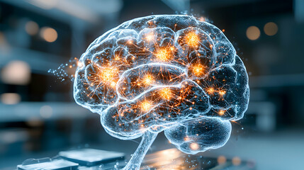 A digital representation of a brain with glowing neural connections. Suggests concepts like artificial intelligence and cognitive processes and innovation.