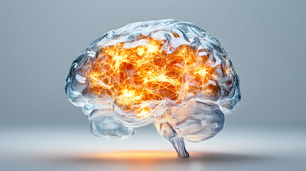 Depicts a glowing brain symbolizing active thought or the power of the mind. Use for presentations related to learning memory creativity or neuroscience.