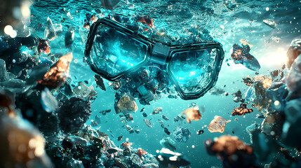 Immersive underwater scene with glowing goggles amidst debris. Perfect for tech innovation visuals virtual reality or science fiction projects.