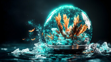 A glowing crystal ball with plant life is emerging from a dark background. It's surrounded by shattered glass a magical concept suitable for fantasy art.