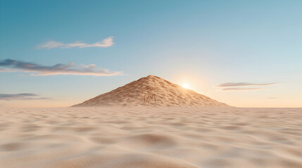 A serene desert scene with a pyramid-shaped sand dune bearing symbols. It could be an inspiring background for adventure or fantasy themed content.