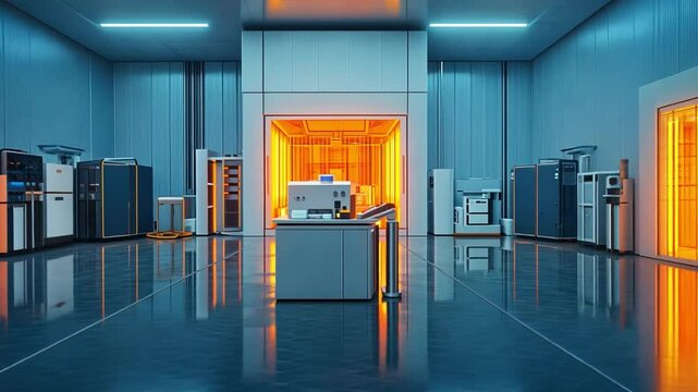 Printing Press Interior: A spacious interior showcasing printing machinery, illuminated by blue and orange hues.