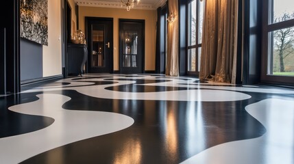 Fototapeta premium Elegant black and white flooring design luxurious interior space photography contemporary style wide angle modern aesthetic