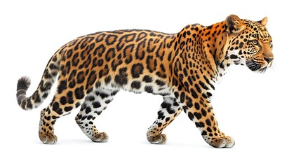 Obraz premium An elegant leopard walking on a white background looking forward gracefully