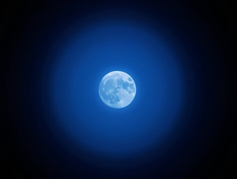 lune, surface, bleu, Blue super moon glowing with blue halo isolated on black background 
