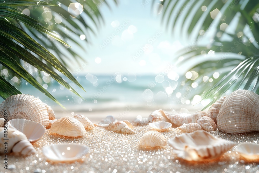 Poster seashells scattered on sandy beach under bright sunlight with palm trees and a serene ocean backdrop