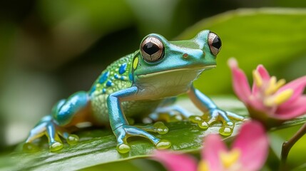 Obraz premium Vibrant Blue And Green Frog On Leaf With Pink Flowers