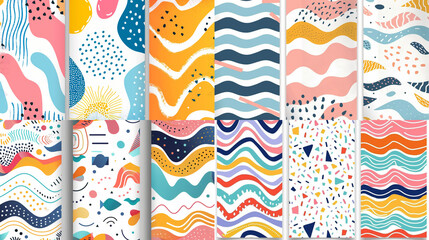 Set of 3 Cute Abstract Geometric Vector Patterns. Light Multicolor Design. Stripes, Triangles and Waves. White Background. Irregular Infantile Style Waves. Childish Endless Colorful Texture