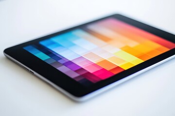 Interactive digital dashboard displaying analytics and data visualization on a tablet during daytime indoors