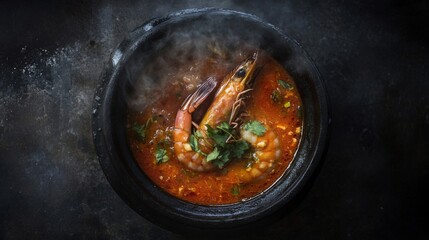 Steaming Shrimp Soup in Dark Stone Bowl