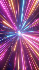 A stunning dynamic image showcasing a radiant explosion of colorful light, with vivid beams and glowing particles. Perfect for futuristic designs, digital artwork, event backgrounds, and creative 