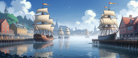 Naklejka premium cartoon Foggy Victorian harbor with sailing ships and wooden piers anime illustration art design