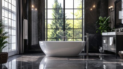 Fototapeta premium Modern Black And White Bathroom Interior With Freestanding Tub