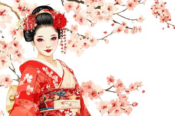 Attractive young geisha in kimono featuring cherry blossoms and red accents on a white backdrop