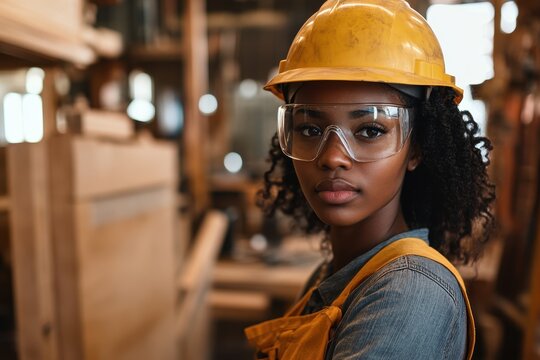 Attractive young black female carpenter in safety gear working in a small woodworking shop