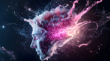 An ethereal portrait of a mind with vibrant pink energy emanating outwards. Suggests thought emotion connection. Could be used for meditation apps mental health or creative content.