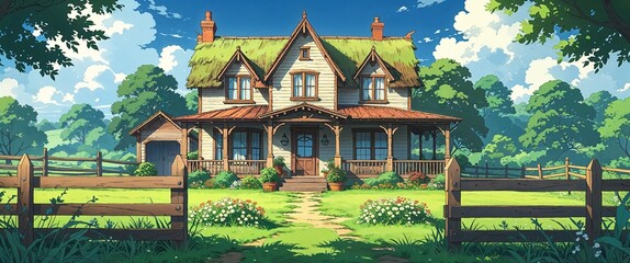 Fototapeta premium cartoon Rustic Victorian countryside house with wooden fence and flower beds anime illustration art design