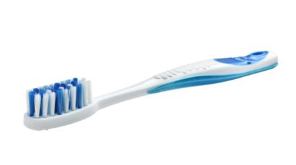 Blue and white plastic toothbrush on transparent background promoting oral hygiene