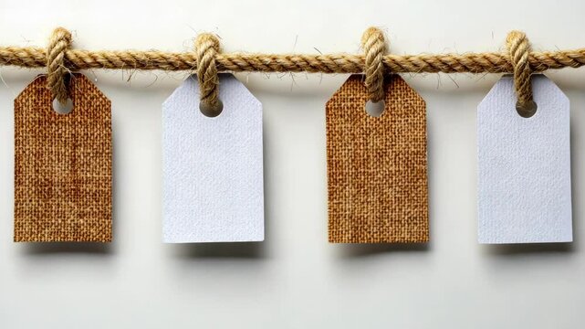 Rustic kraft tags displayed on a twine string against a light background for craft projects