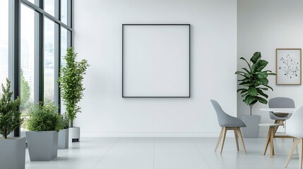 Clean minimalist office with a white wall and a simple frame that showcases empty space for decoration or business