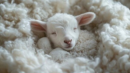 Fototapeta premium Adorable Fluffy Lamb Sleeping in White Wool