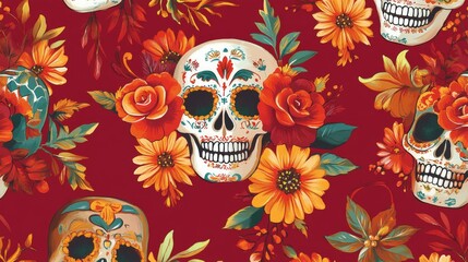 Fototapeta premium Sugar Skulls and Autumnal Flowers Pattern