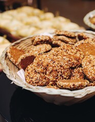 Set of coffee break in the hotel during conference meeting, with tea and coffee catering, decorated catering banquet table with variety of different pastry and bakery, with croissants, pie and cookies