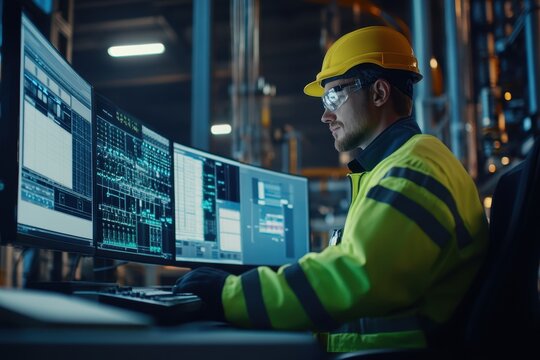 Male electrical engineer in safety gear working and discussing in a factory control room technician maintaining power systems in a manufacturing plant