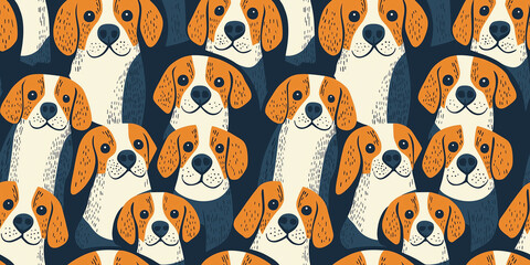 Fototapeta premium Seamless beagle dog pattern with smiling cartoon heads in orange and cream on dark background, playful pet breed design for fabric and wrapping paper