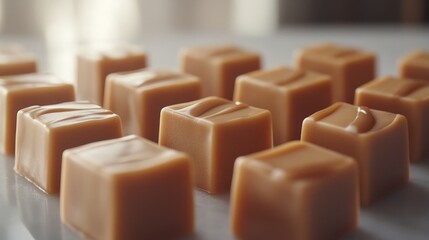 Fototapeta premium Delicious caramel squares arranged neatly on a surface