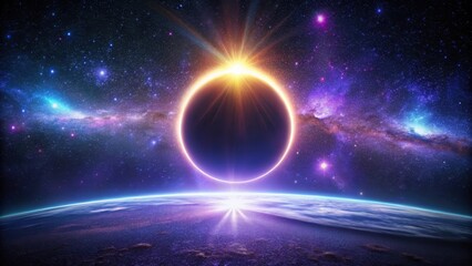 Fototapeta premium A Celestial Alignment An Annular Eclipse over a Distant Planet's Horizon, Illuminated by Cosmic Dust and Glowing Nebulae
