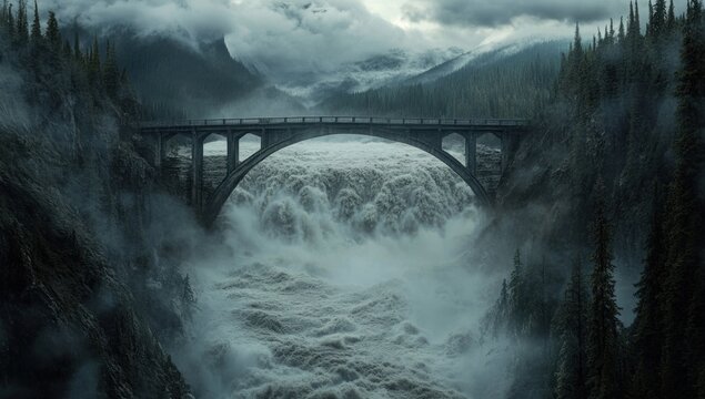 Dramatic bridge over a raging river and misty mountains.