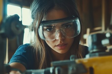 Skilled Latina carpenter using power tools in a workshop Young Hispanic woman in goggles focused on furniture making Feminism in woodworking