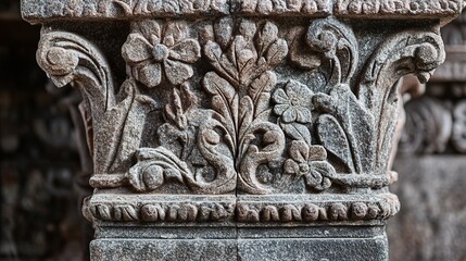 Antique Stone Column with Intricate Floral Carvings Close Up