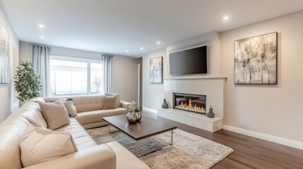 Fototapeta premium Modern Beige Living Room Interior Design with Fireplace