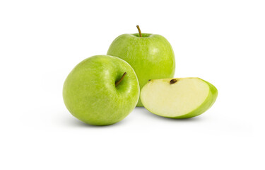 Group of juicy green apples and apple cut isolated 