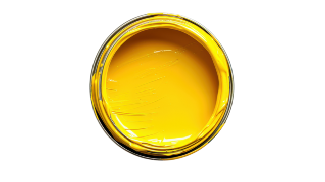 Open can of vibrant yellow paint on transparent background