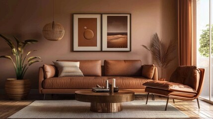 Fototapeta premium Modern interior design showcased in a cozy living room environment.