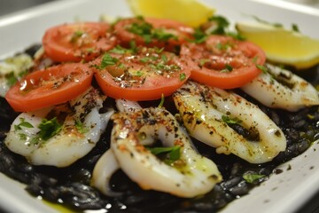 Squid salad with black risotto and cuttlefish ink