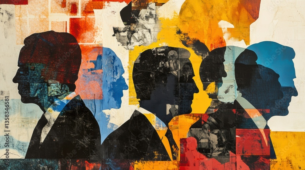 Aufkleber modern artistic collage showcasing silhouettes of world leaders with abstract patterns and deep poli