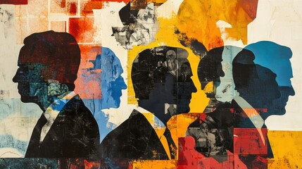 Fototapeta premium Modern artistic collage showcasing silhouettes of world leaders with abstract patterns and deep political colors Generative AI