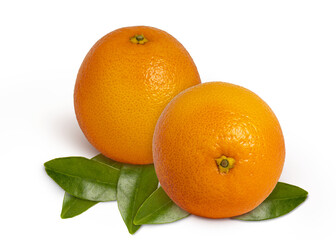 Two oranges isolated. Fresh orange with leaf