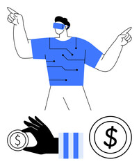 Man wearing VR headset and tech-inspired outfit points forward, accompanied by a digital hand holding a stylized coin. Ideal for technology, virtual reality, innovation, finance, digital economy