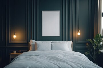 Elegant bedroom interior with empty frame mockup.