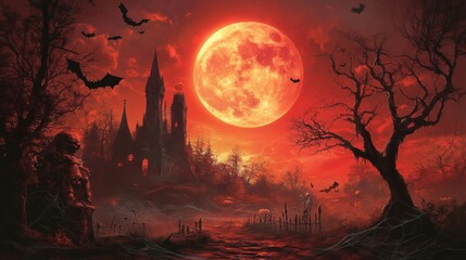 Fototapeta premium Gothic Castle Under Blood Red Moon Halloween Night