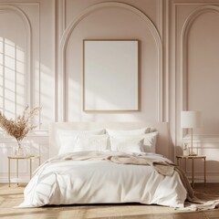Elegant bedroom interior with large bed, neutral tones, and sunlight.