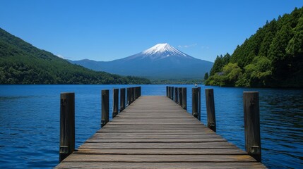 Naklejka premium Scenic view of a tranquil lake with majestic Mount Fuji in the background. Stunning natural landscape with calm water, clear sky, and iconic mountain reflection. Famous travel destination in Japan.