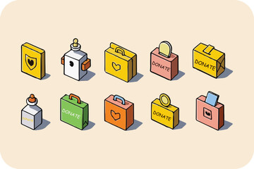 Isometric Donation Boxes and Charity Items on Light Beige Background