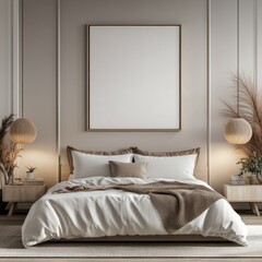 Elegant bedroom interior with mockup canvas.