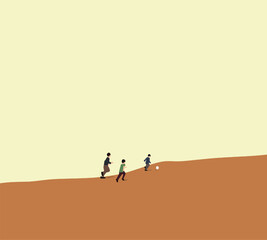 Boys playing football on sand dune. Sport outdoor activity on holiday vacation. Minimal design.